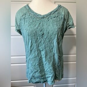 Gloria Vanderbuilt‎ Embroidered Top Short Sleeve Green Bohemian Blouse Casual SM